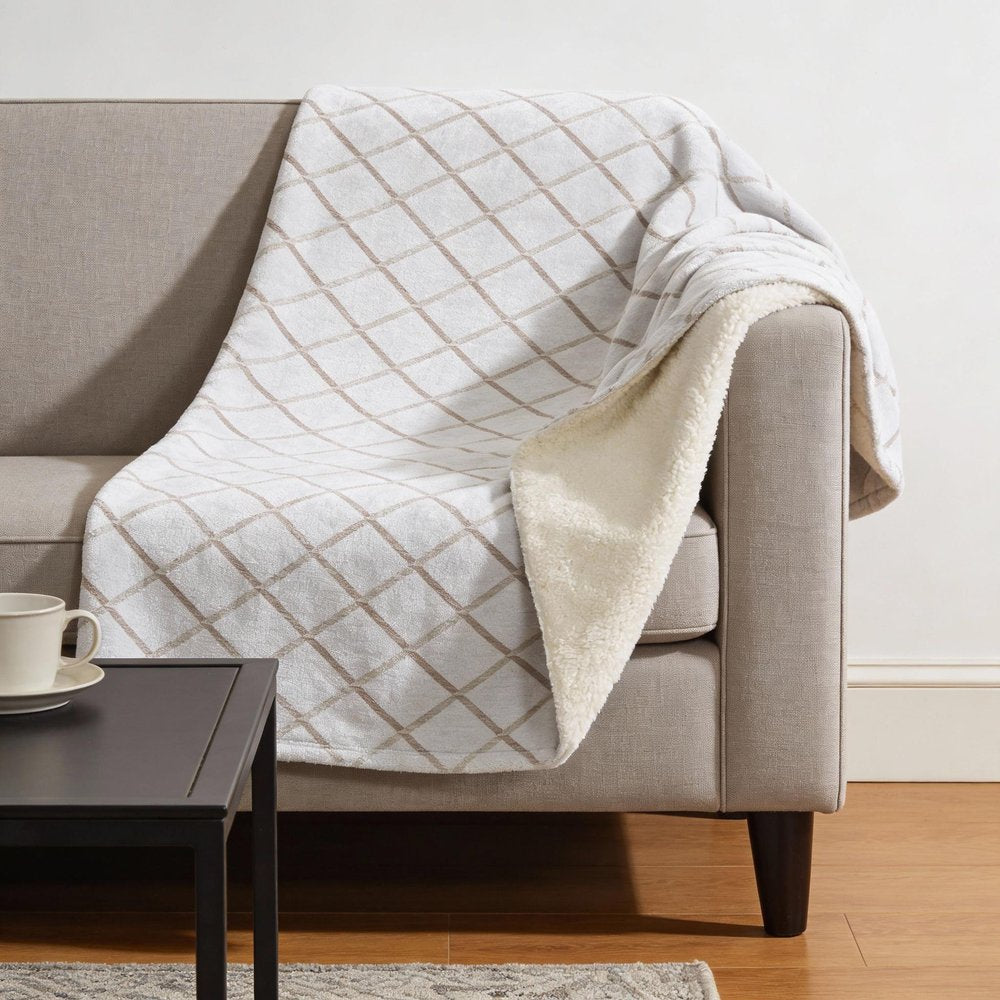 50" X 70" Ivory And Taupe Geometric Microfiber Plush Throw Blanket
