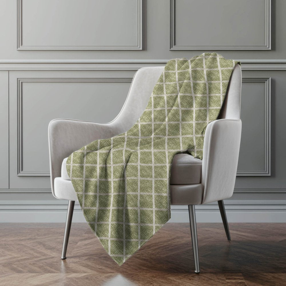 50" X 70" Artichoke Green And Beige Geometric Polyester Woven Plush Throw Blanket