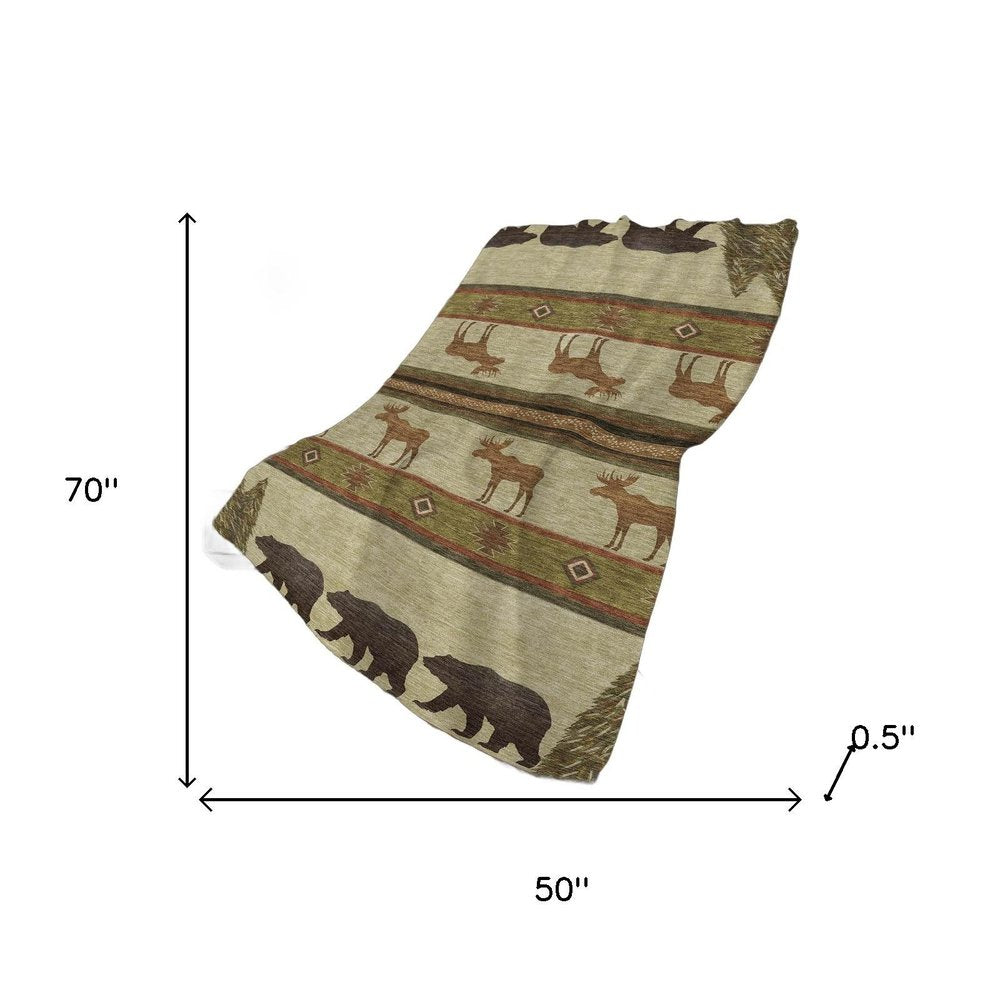 50" X 70" Brown Green And Rust Animal Print Polyester Woven Plush Throw Blanket