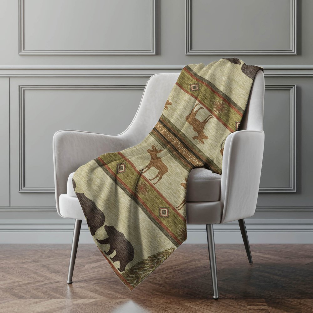 50" X 70" Brown Green And Rust Animal Print Polyester Woven Plush Throw Blanket