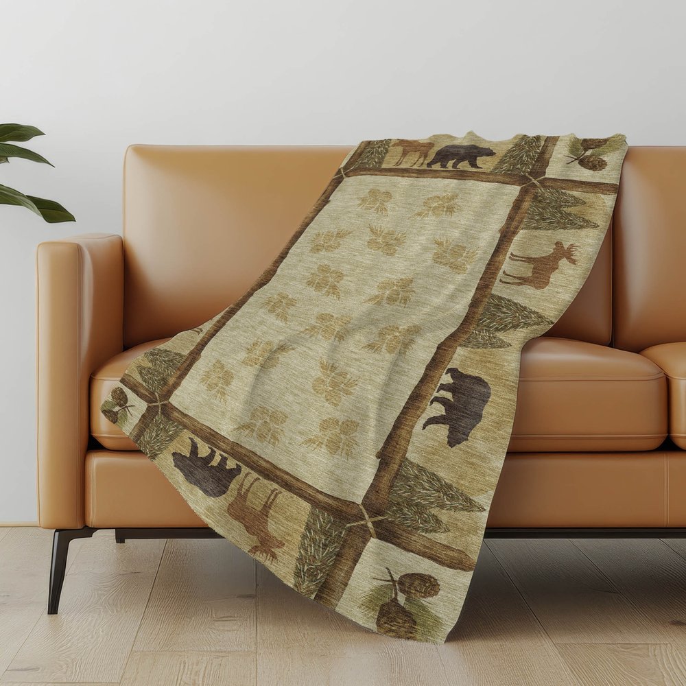 50" X 70" Khaki Green And Beige Animal Print Polyester Woven Plush Throw Blanket
