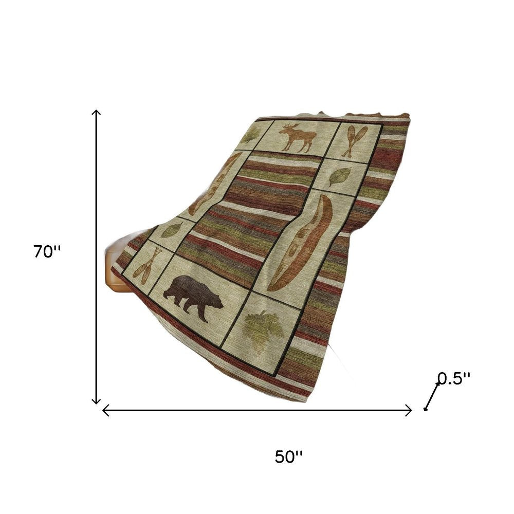 50" X 70" Beige Rust And Green Animal Print Polyester Woven Plush Throw Blanket