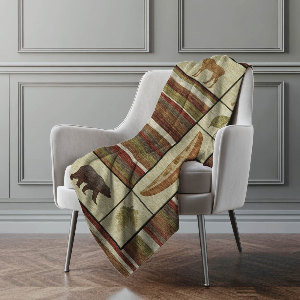 50" X 70" Beige Rust And Green Animal Print Polyester Woven Plush Throw Blanket