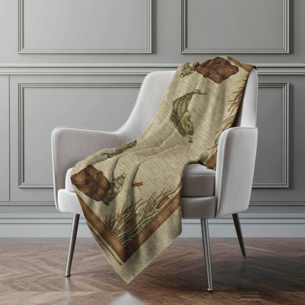 50" X 70" Khaki Beige And Green Animal Print Polyester Woven Plush Throw Blanket