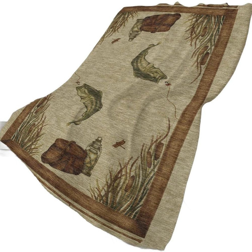 50" X 70" Khaki Beige And Green Animal Print Polyester Woven Plush Throw Blanket