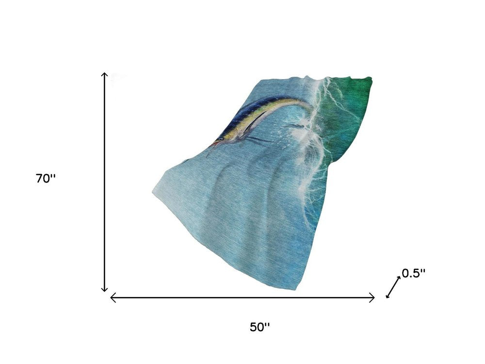 50" X 70" Blue Emerald And Ivory Animal Print Polyester Woven Plush Throw Blanket