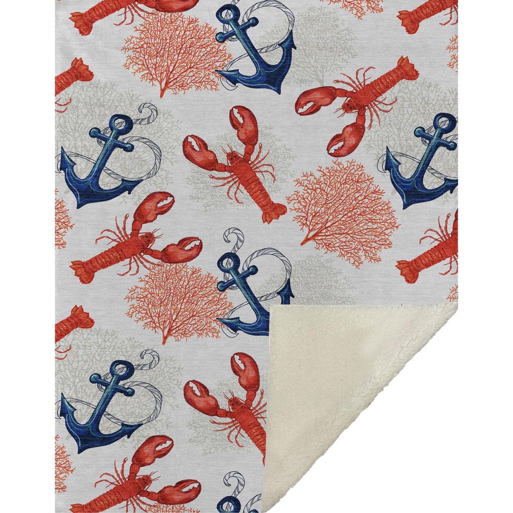 50" X 70" Ivory Red and Blue Microfiber Coastal Nautical Plush Throw Blanket