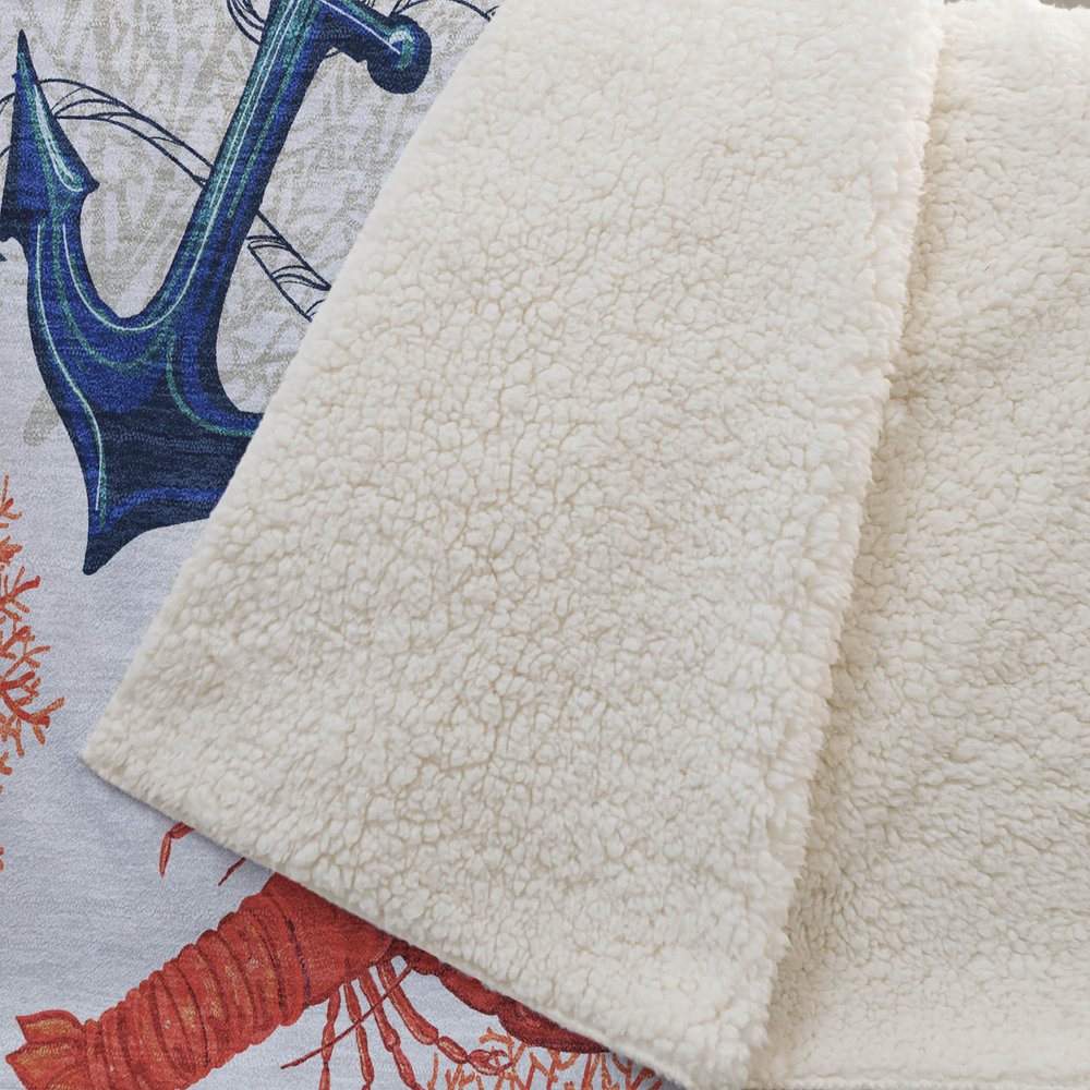 50" X 70" Ivory Red and Blue Microfiber Coastal Nautical Plush Throw Blanket