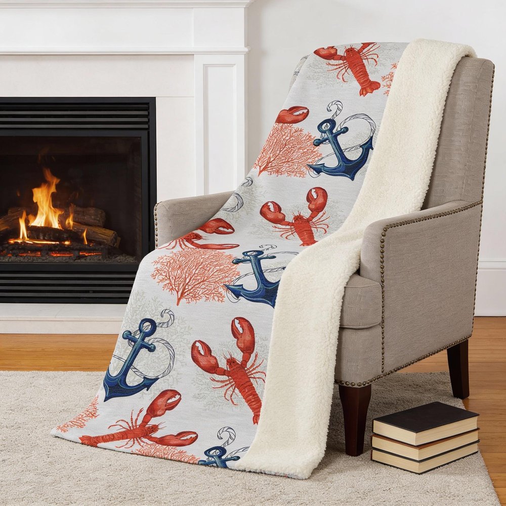 50" X 70" Ivory Red and Blue Microfiber Coastal Nautical Plush Throw Blanket