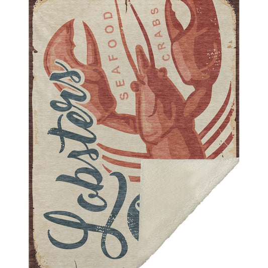 50" X 70" Beige Blue And Red Lobster Plush Throw Blanket