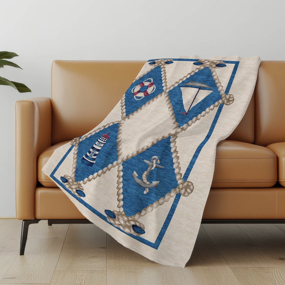 50" X 70" Ivory And Blue Geometric Polyester Woven Plush Throw Blanket