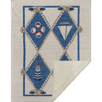 50" X 70" Ivory And Blue Geometric Polyester Woven Plush Throw Blanket