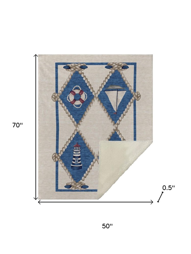 50" X 70" Ivory And Blue Geometric Polyester Woven Plush Throw Blanket