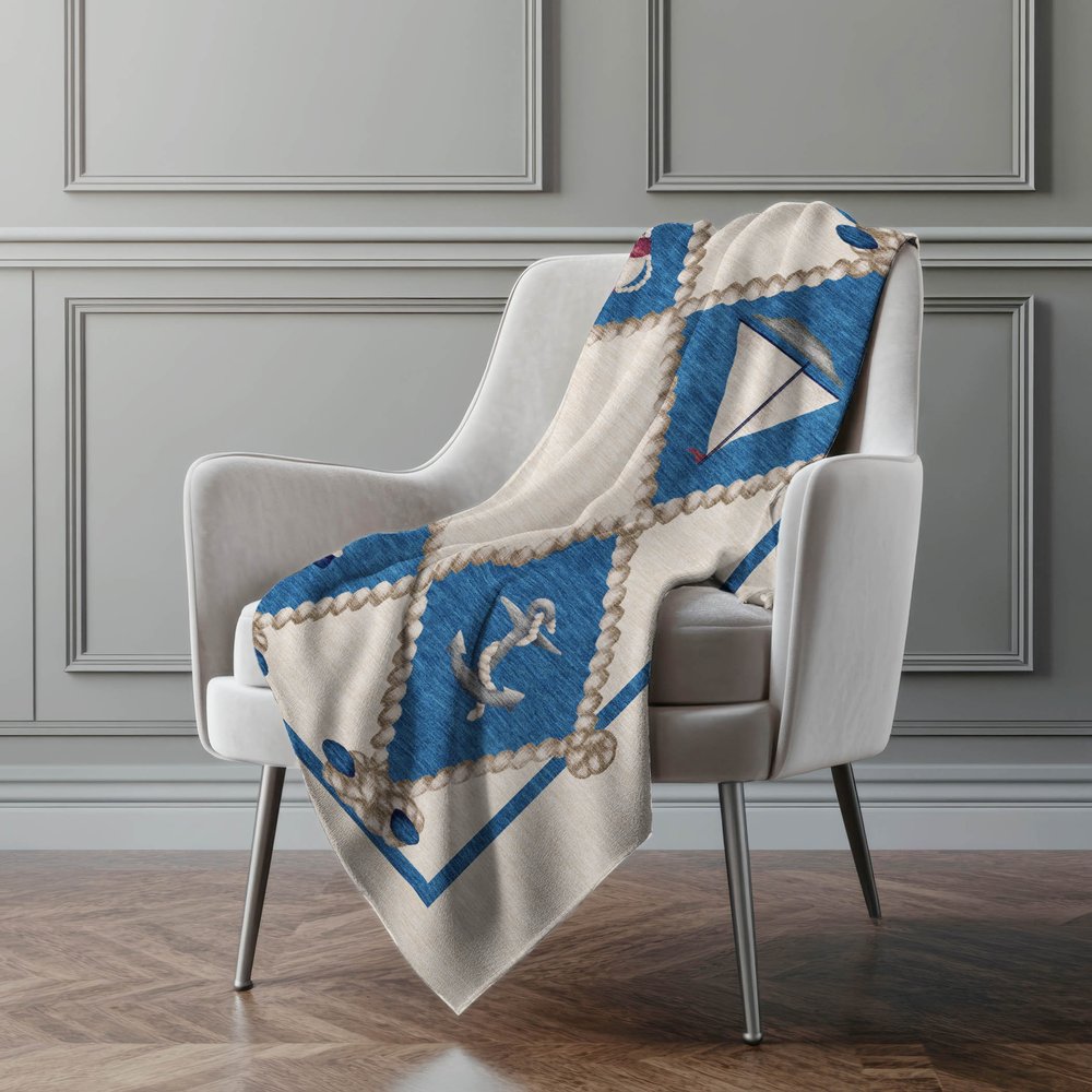 50" X 70" Ivory And Blue Geometric Polyester Woven Plush Throw Blanket