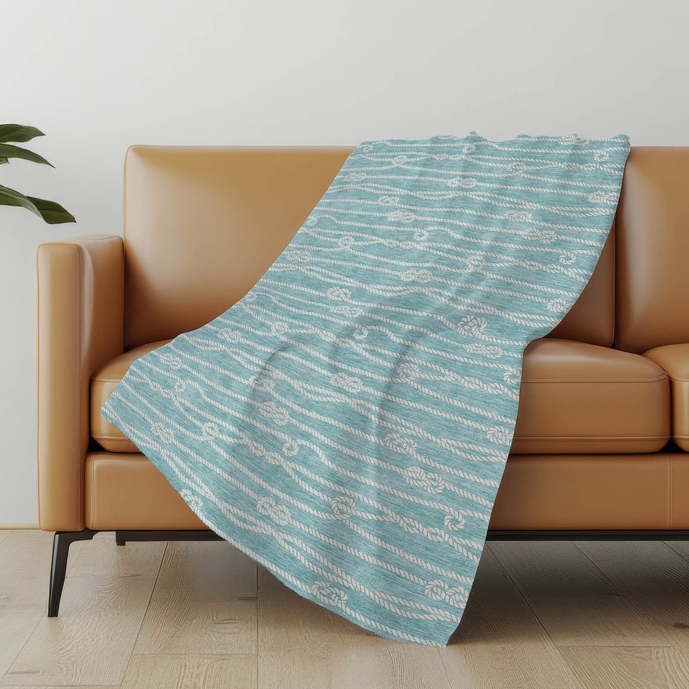 50" X 70" Teal And Ivory Striped Polyester Woven Plush Throw Blanket