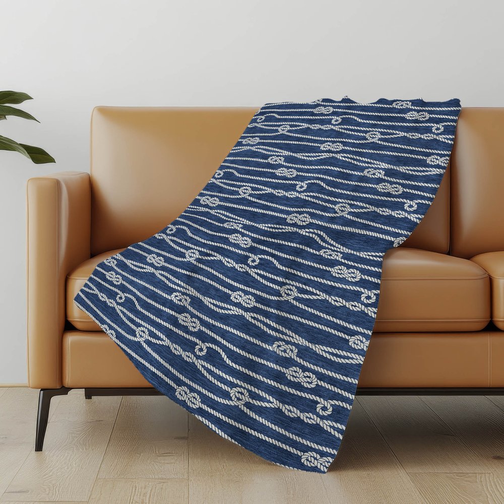 50" X 70" Navy Blue And Ivory Striped Polyester Woven Plush Throw Blanket