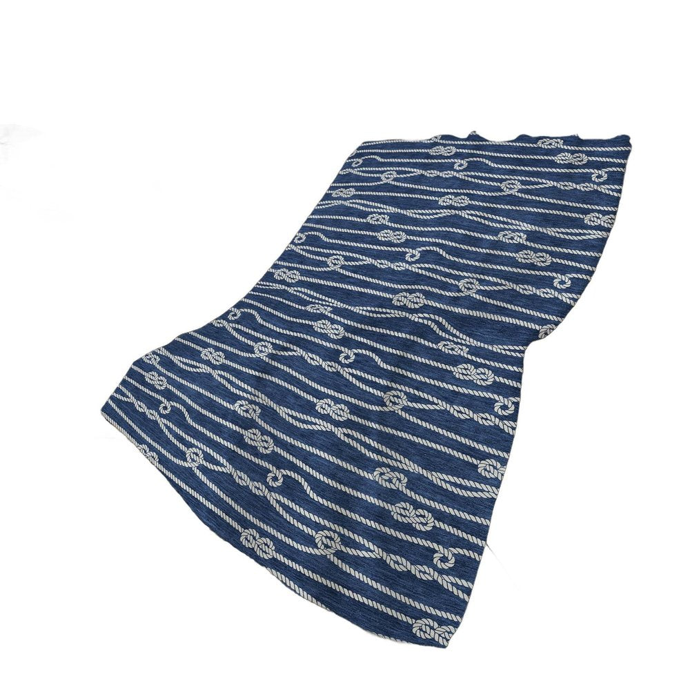 50" X 70" Navy Blue And Ivory Striped Polyester Woven Plush Throw Blanket