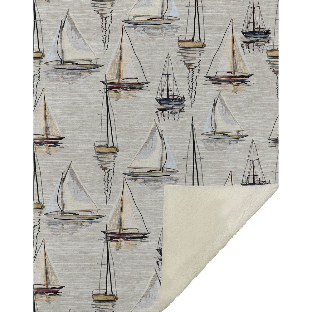 50" X 70" Beige Charcoal And Ivory Sailboat Microfiber Plush Throw Blanket