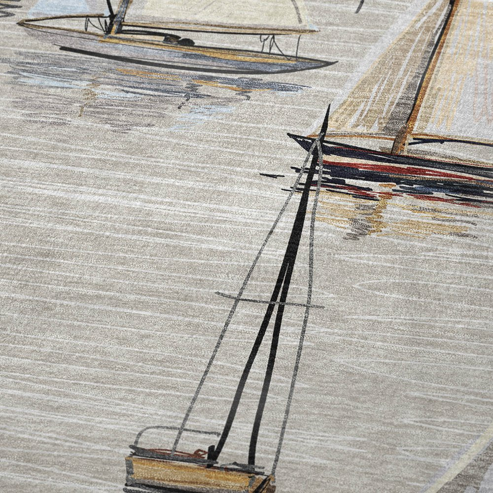 50" X 70" Beige Charcoal And Ivory Sailboat Microfiber Plush Throw Blanket