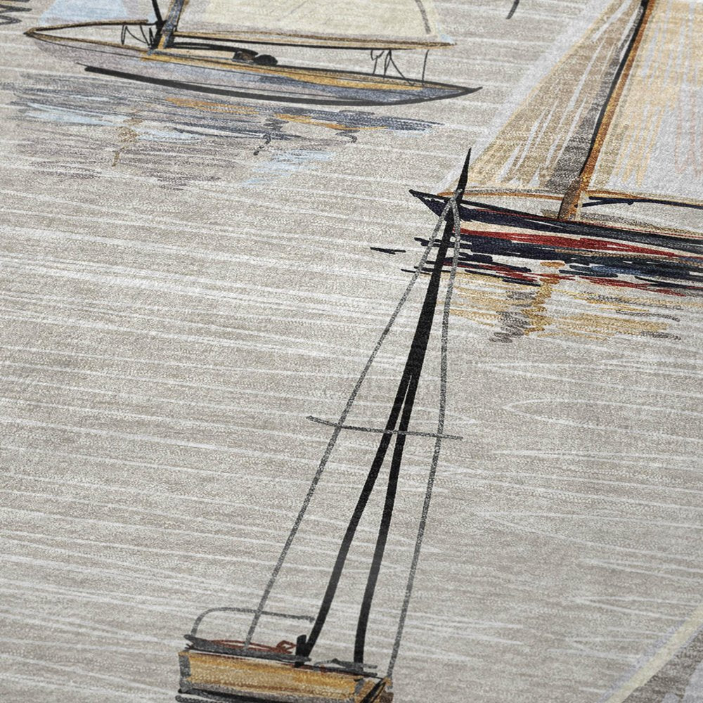 50" X 70" Beige Charcoal And Ivory Sailboat Microfiber Plush Throw Blanket