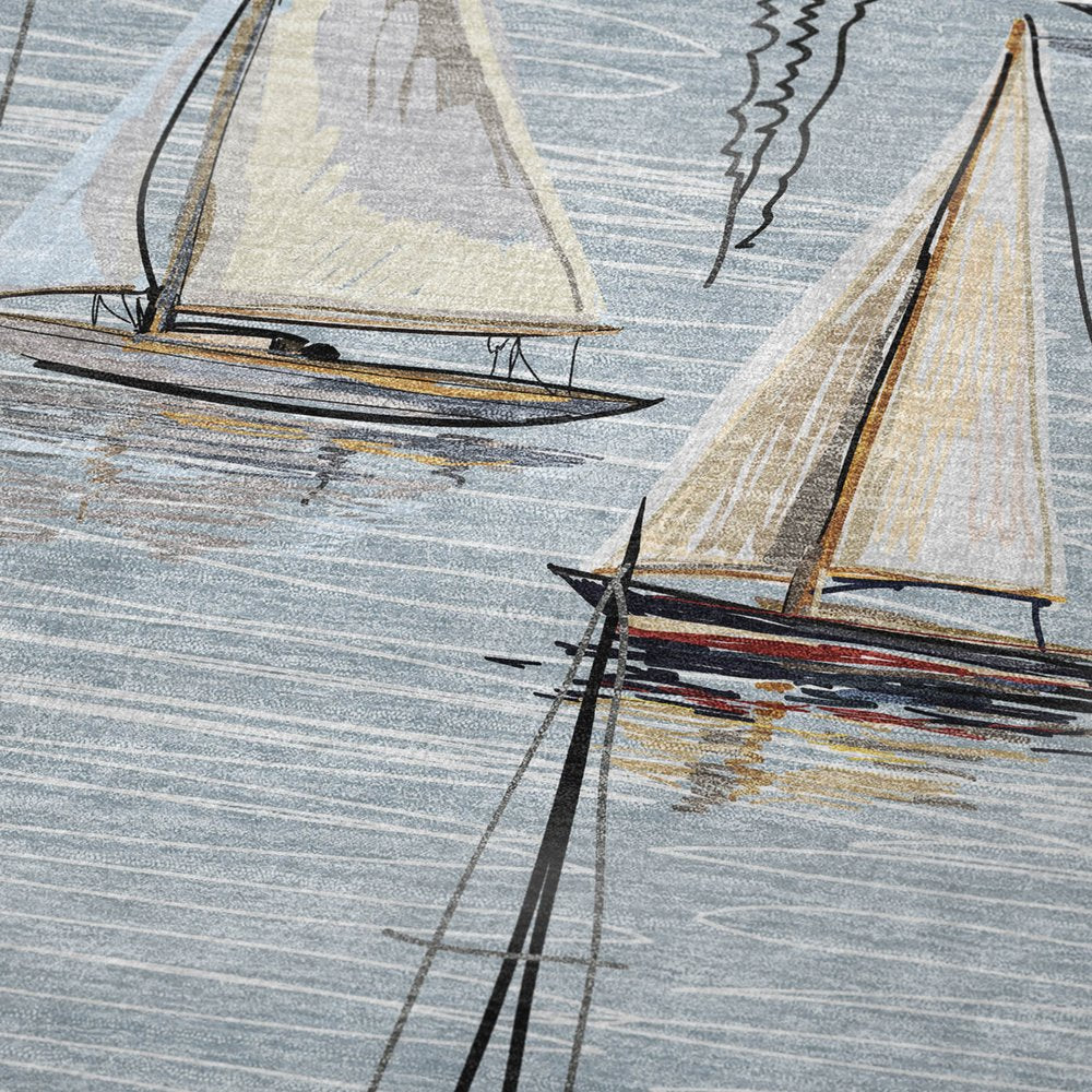 50" X 70" Beige Ivory And Sky Blue Sailboat Microfiber Plush Throw Blanket