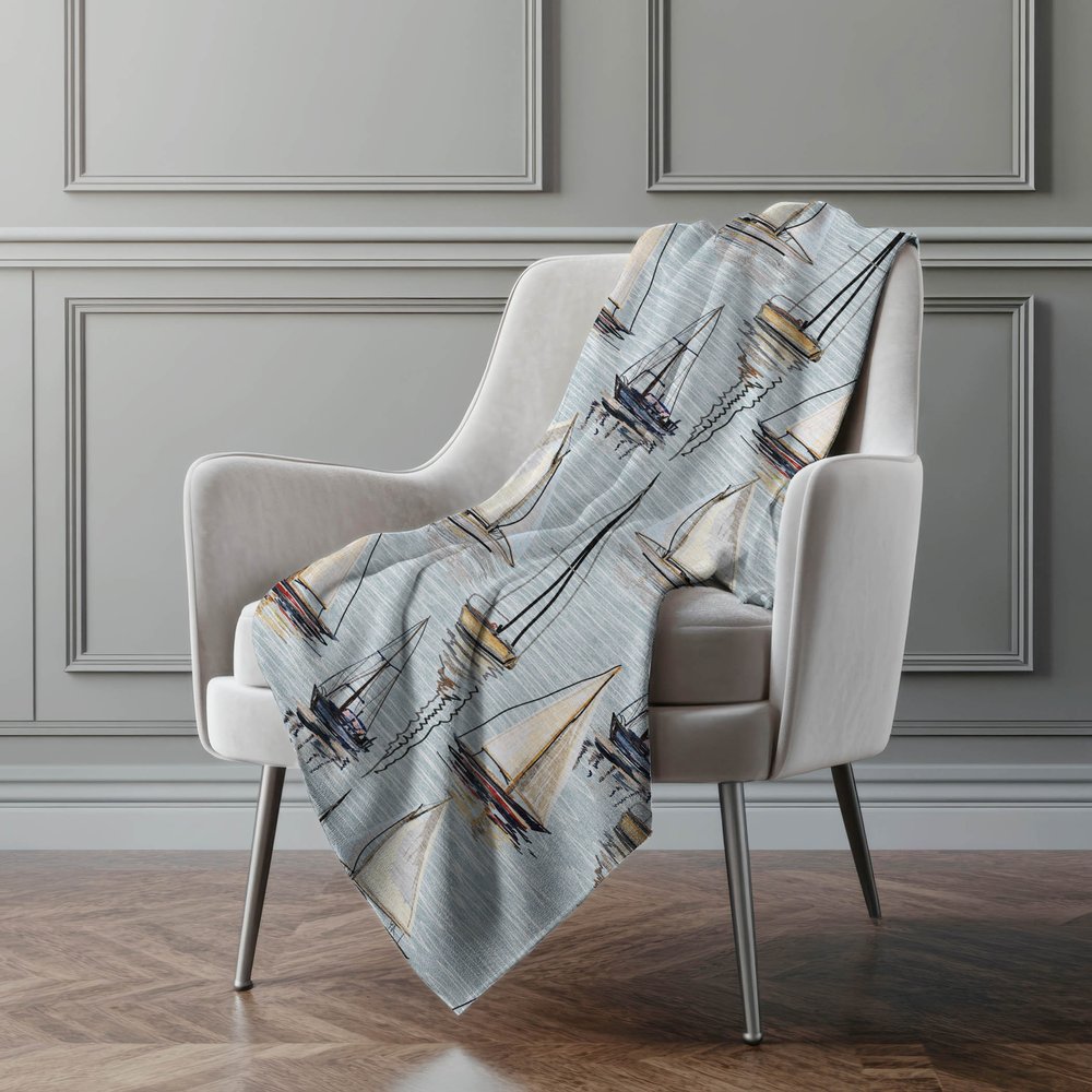 50" X 70" Beige Ivory And Sky Blue Sailboat Microfiber Plush Throw Blanket