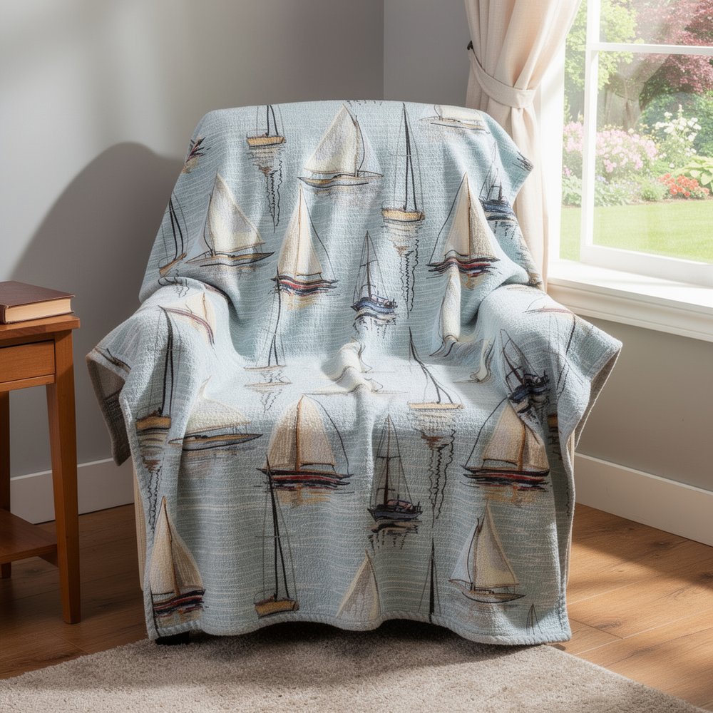 50" X 70" Beige Ivory And Sky Blue Sailboat Microfiber Plush Throw Blanket
