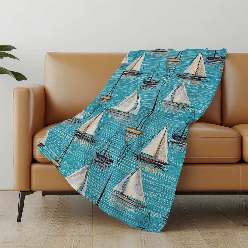 50" X 70" Teal Ivory And Beige Geometric Polyester Woven Plush Throw Blanket
