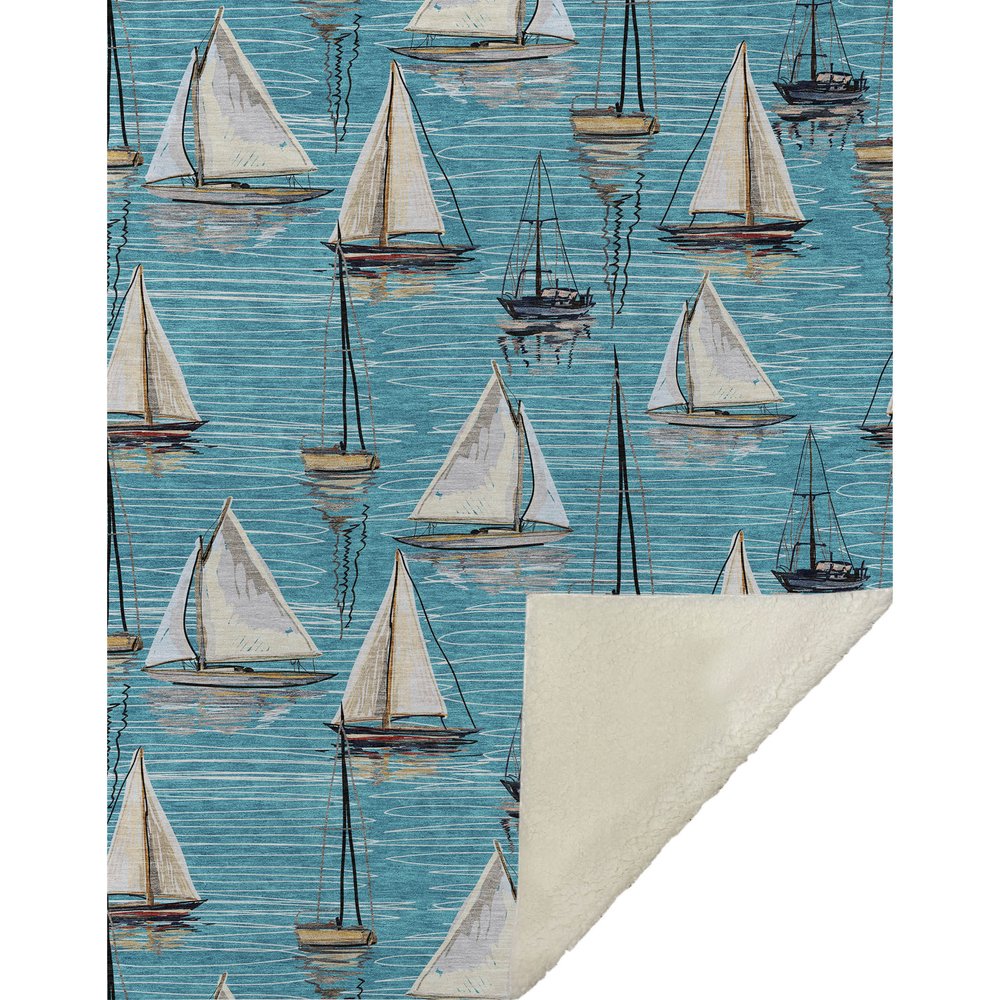 50" X 70" Teal Ivory And Beige Geometric Polyester Woven Plush Throw Blanket