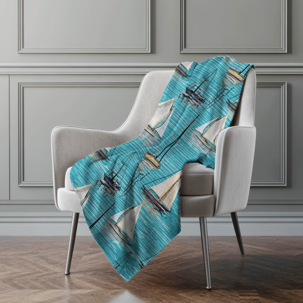 50" X 70" Teal Ivory And Beige Geometric Polyester Woven Plush Throw Blanket