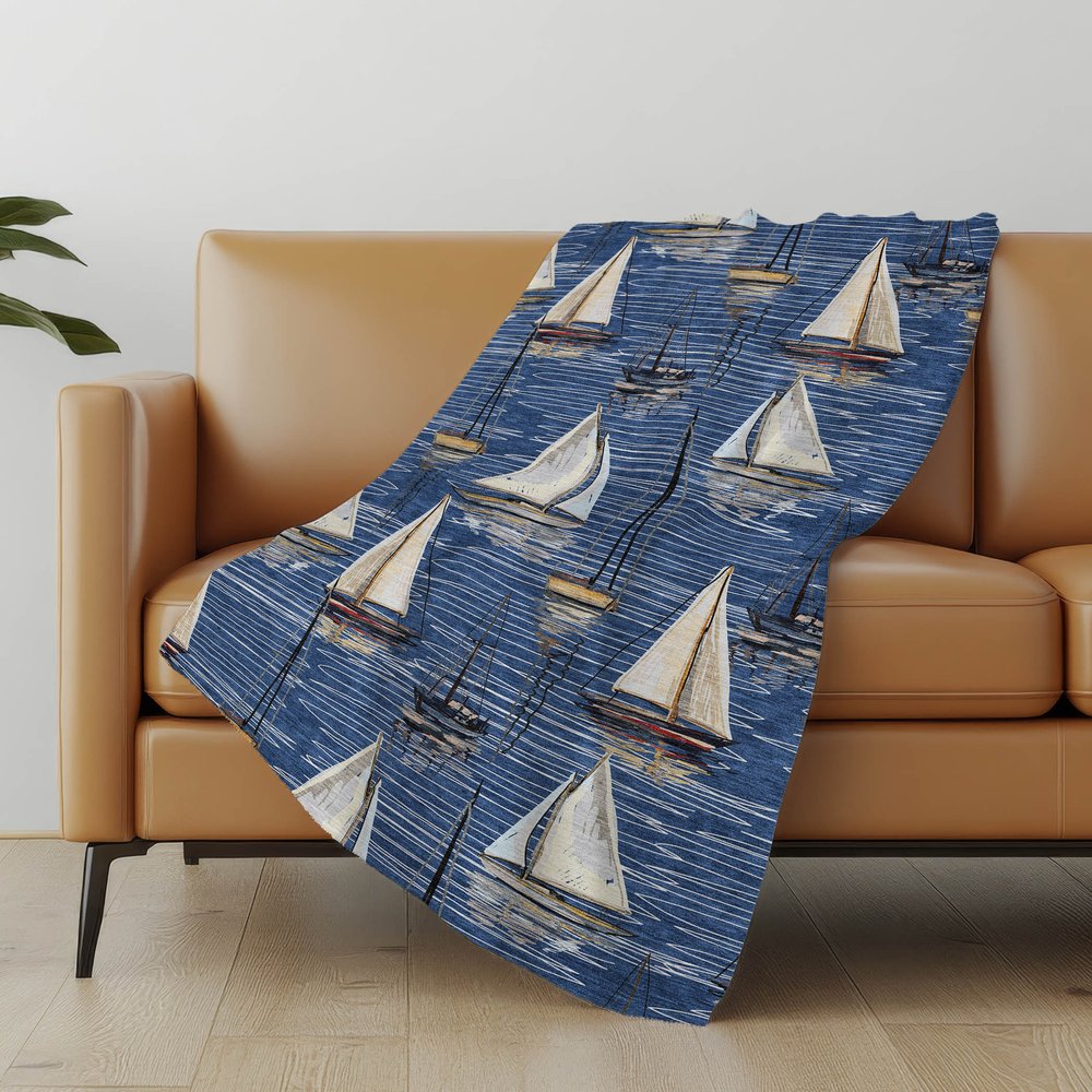 50" X 70" Navy Blue Ivory And Beige Geometric Polyester Woven Plush Throw Blanket