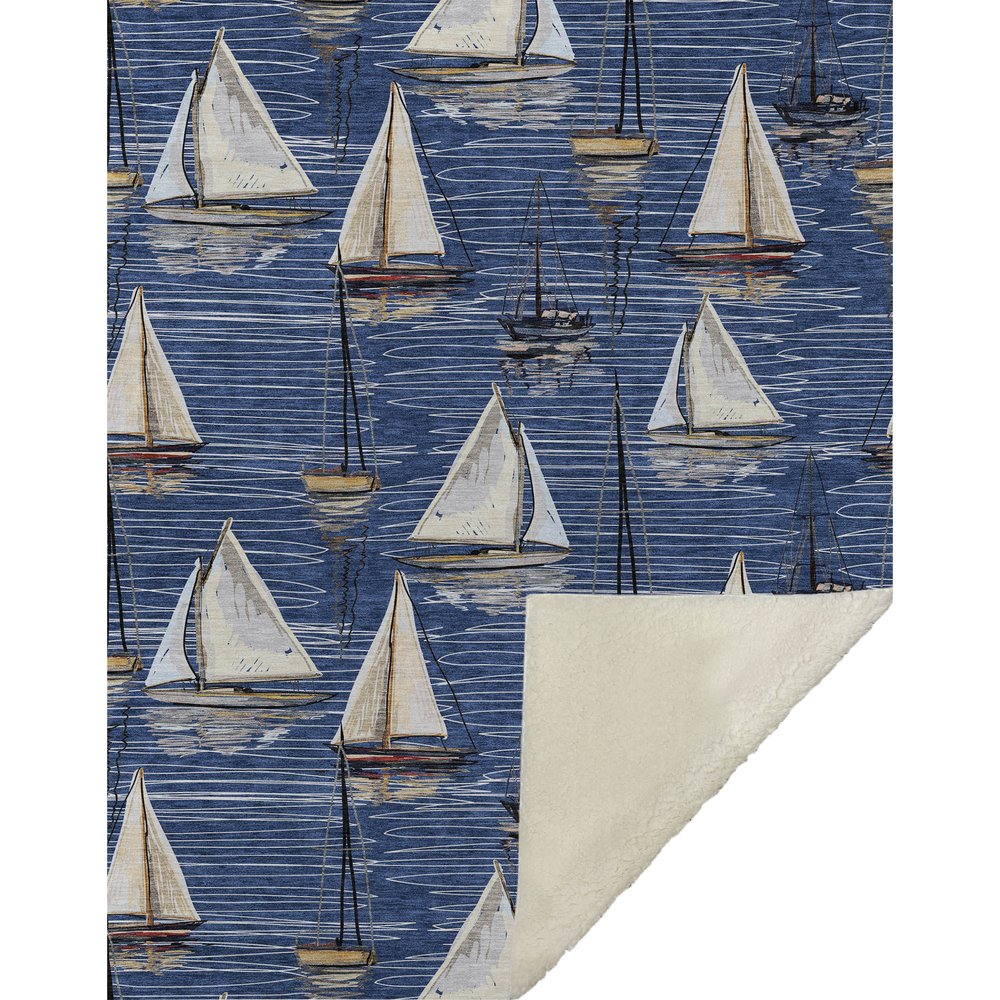 50" X 70" Navy Blue Ivory And Beige Geometric Polyester Woven Plush Throw Blanket