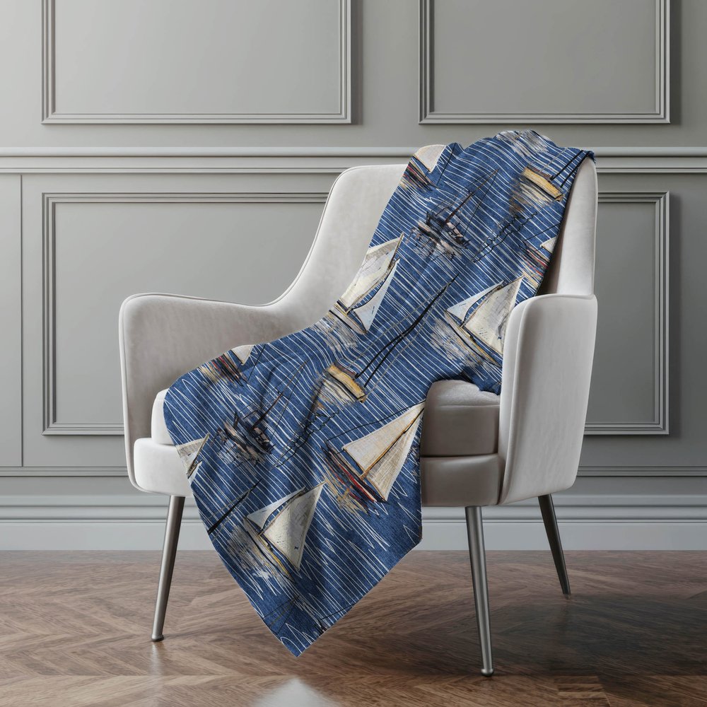 50" X 70" Navy Blue Ivory And Beige Geometric Polyester Woven Plush Throw Blanket