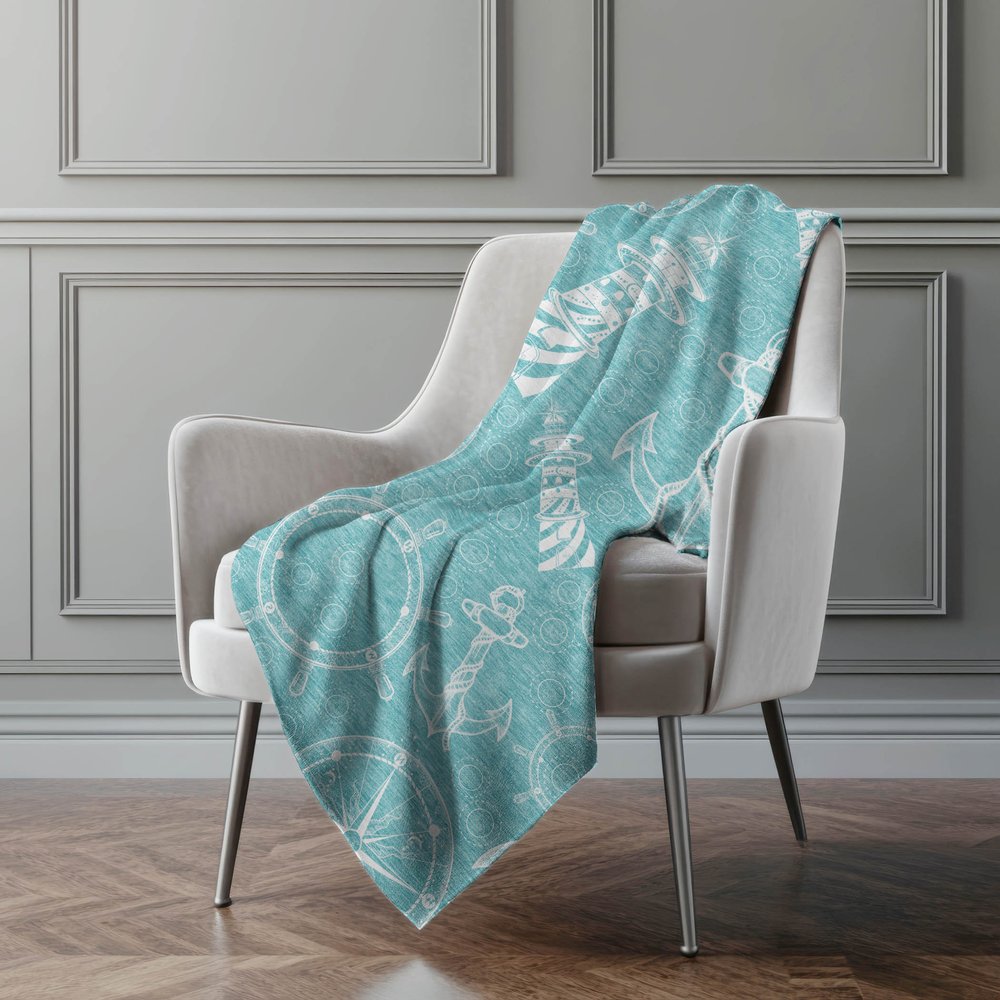 50" X 70" Teal And Ivory Geometric Polyester Woven Plush Throw Blanket