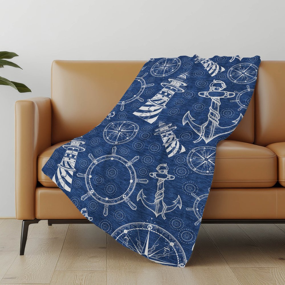 50" X 70" Navy Blue And Ivory Geometric Polyester Woven Plush Throw Blanket
