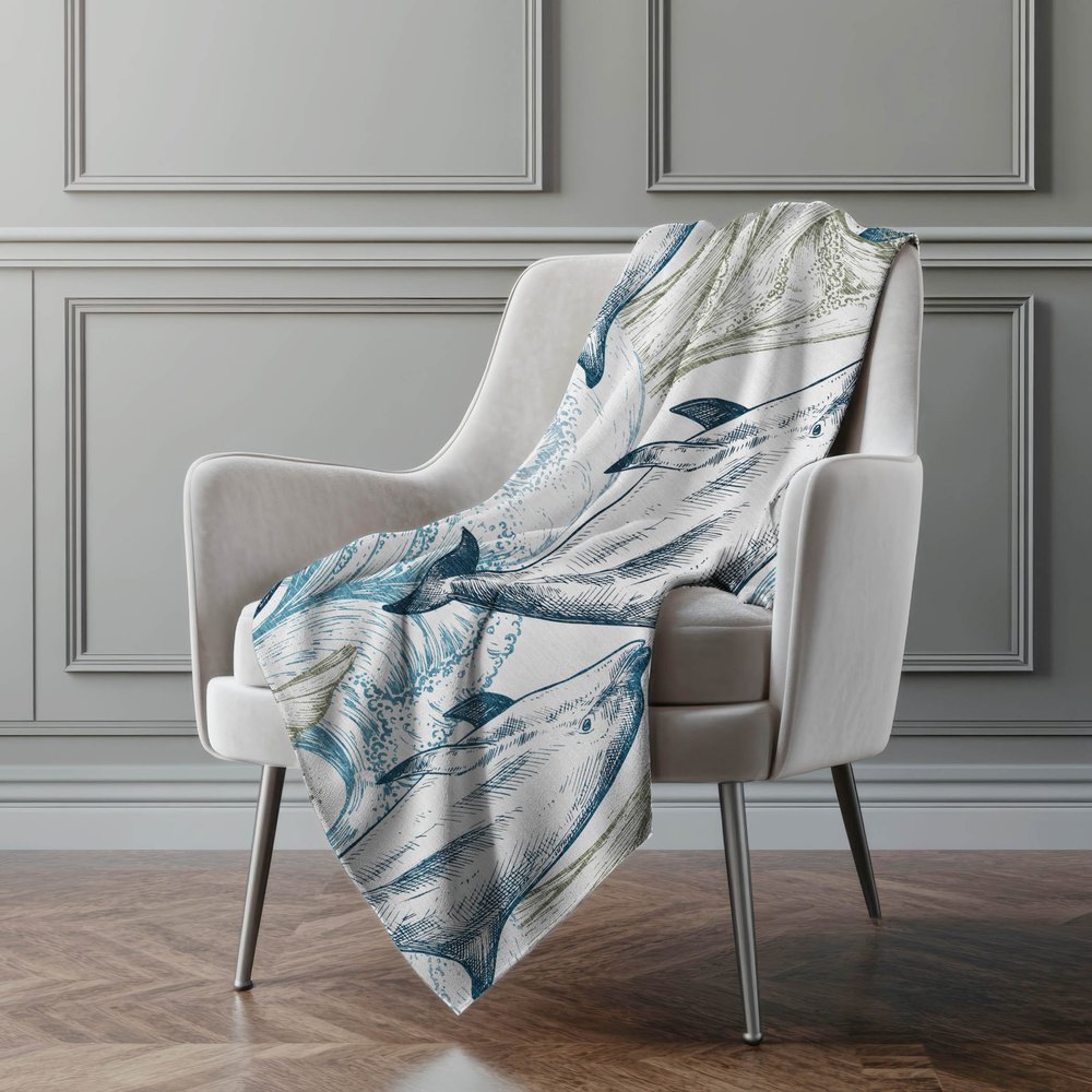 50" X 70" Ivory And Blue Animal Print Polyester Woven Plush Throw Blanket