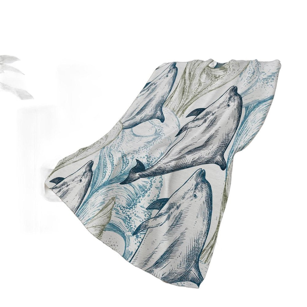 50" X 70" Ivory And Blue Animal Print Polyester Woven Plush Throw Blanket