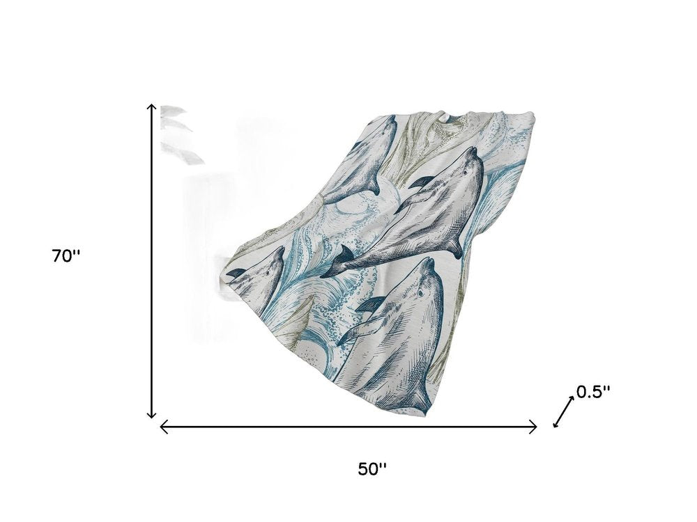 50" X 70" Ivory And Blue Animal Print Polyester Woven Plush Throw Blanket