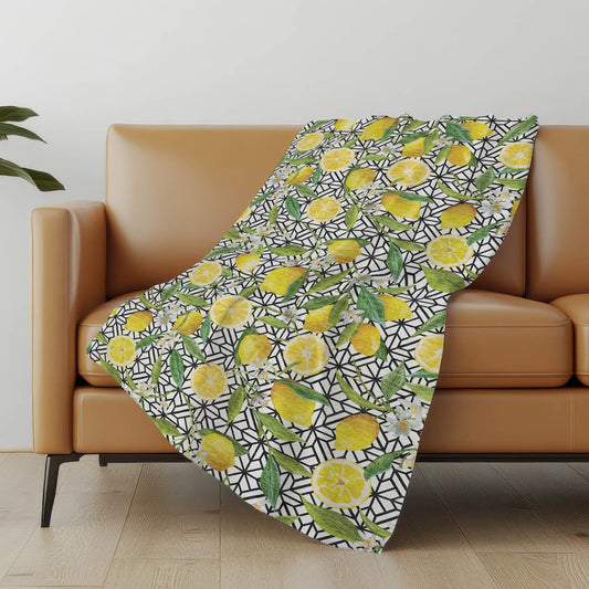 50" X 70" Yellow Ivory And Green Geometric Polyester Woven Plush Throw Blanket
