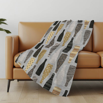 50" X 70" Gray Black And Gold Champagne Bottle Stripe Microfiber Plush Throw Blanket