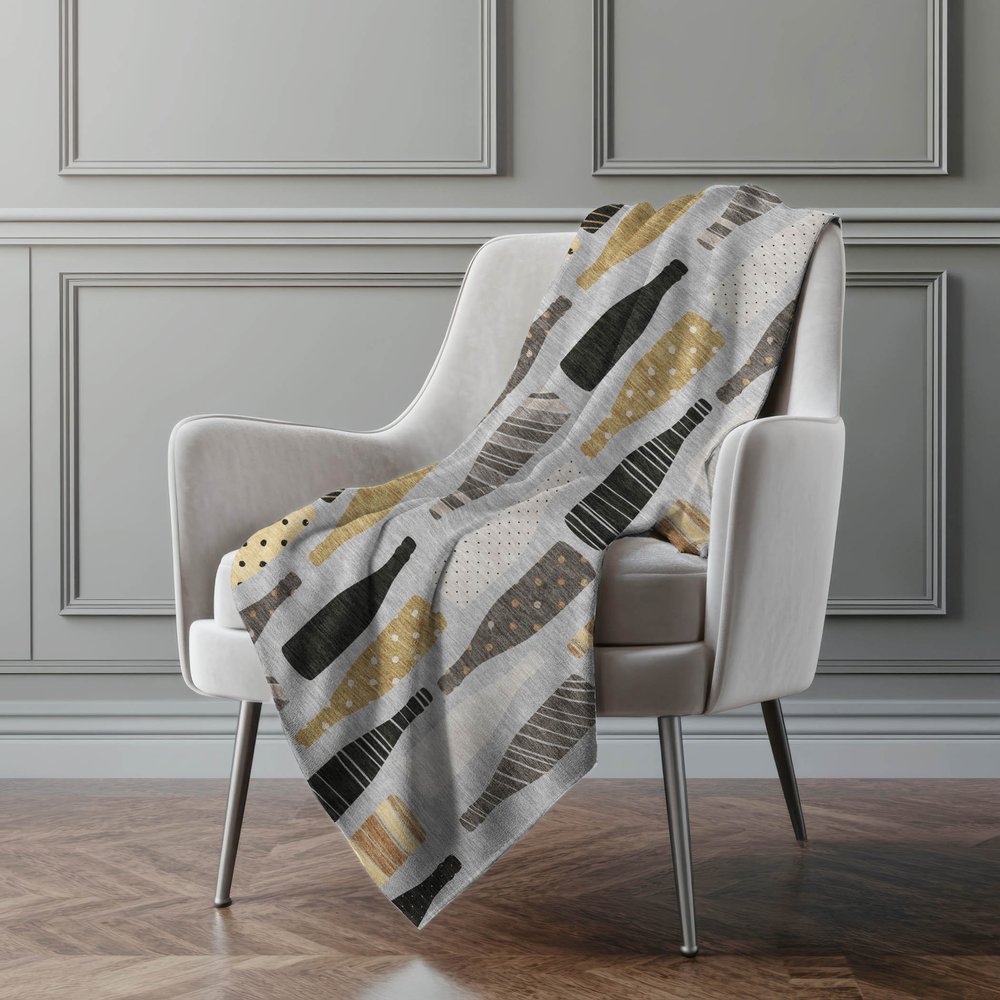 50" X 70" Gray Black And Gold Champagne Bottle Stripe Microfiber Plush Throw Blanket