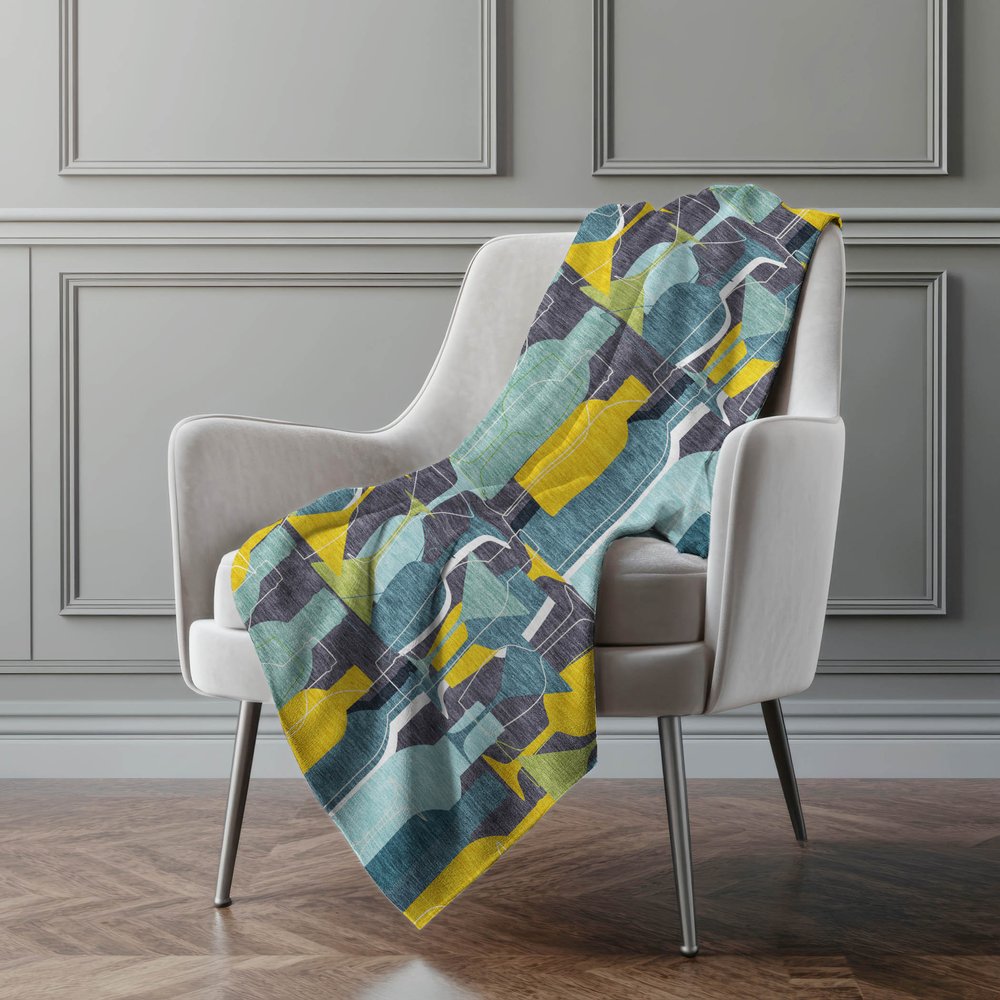50" X 70" Blue Yellow And Green Geometric Polyester Woven Plush Throw Blanket