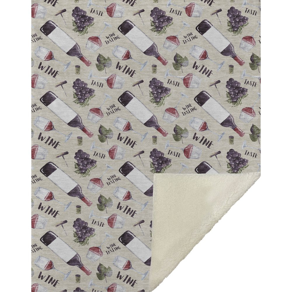 50" X 70" Ivory Purple And Green Wine Tasting Microfiber Plush Throw Blanket