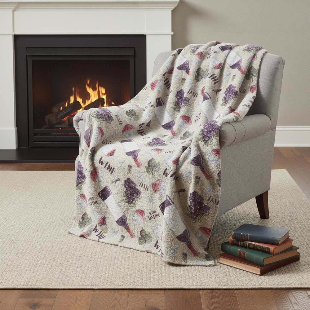 50" X 70" Ivory Purple And Green Wine Tasting Microfiber Plush Throw Blanket