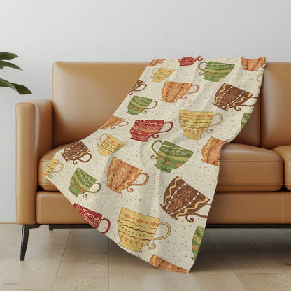 50" X 70" Ivory Orange And Green Teacups Microfiber Plush Throw Blanket