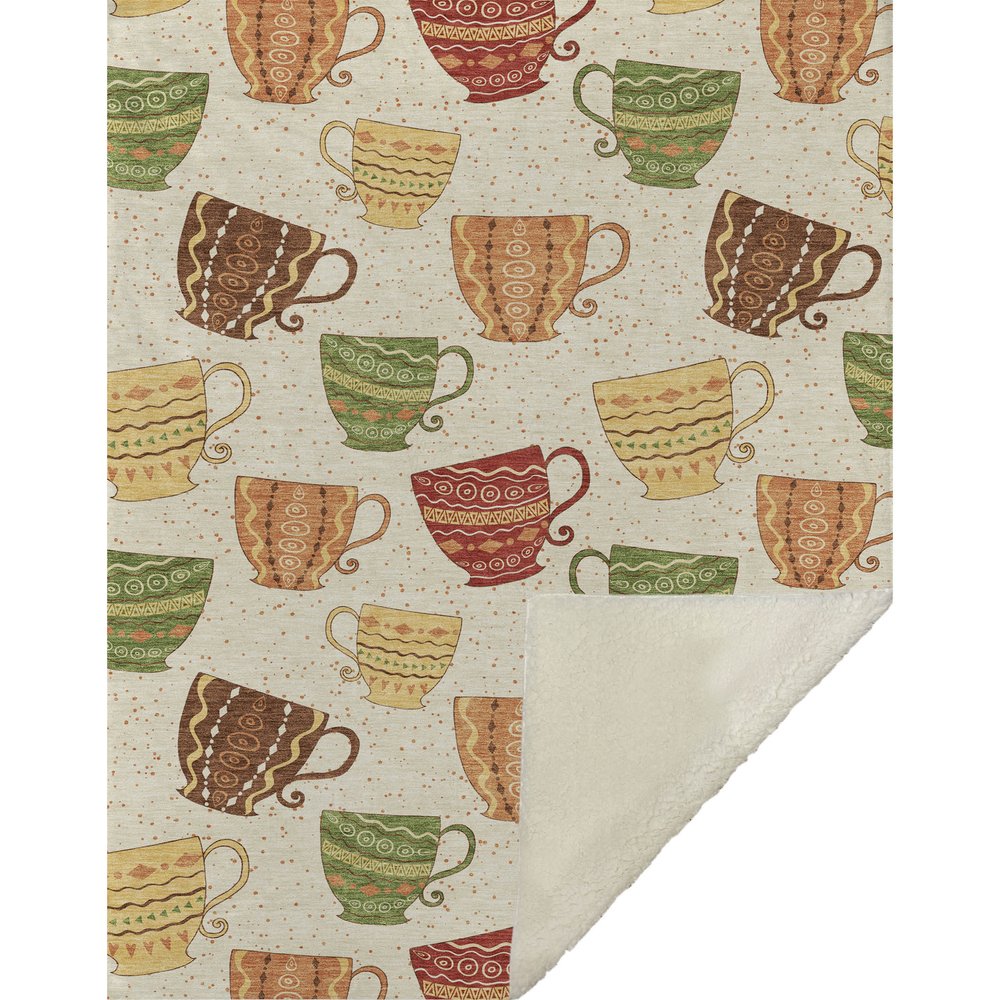 50" X 70" Ivory Orange And Green Teacups Microfiber Plush Throw Blanket