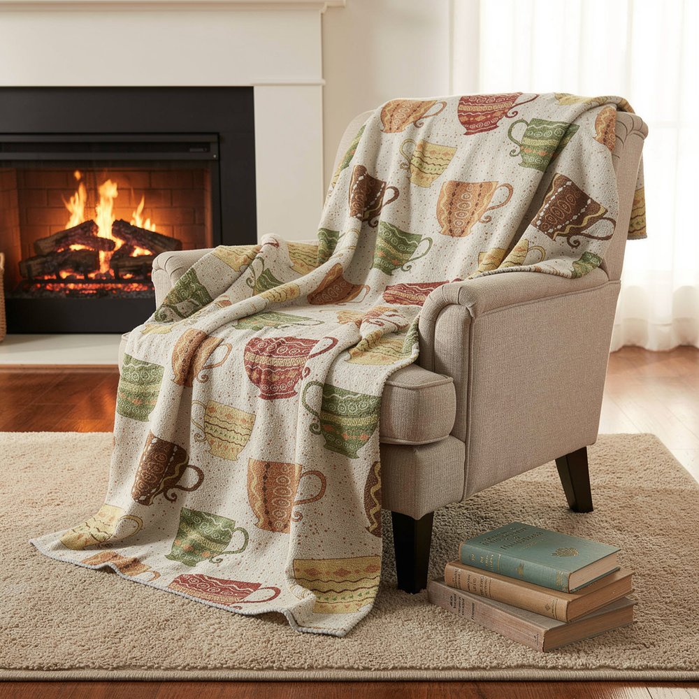 50" X 70" Ivory Orange And Green Teacups Microfiber Plush Throw Blanket