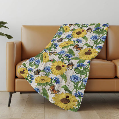 50" X 70" Ivory And Yellow Sunflower Floral Microfiber Plush Throw Blanket