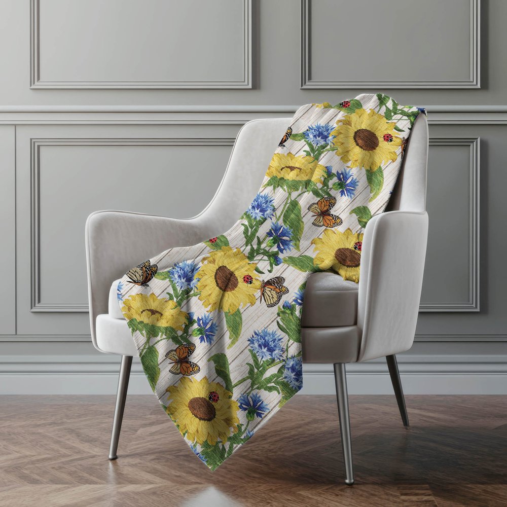 50" X 70" Ivory And Yellow Sunflower Floral Microfiber Plush Throw Blanket