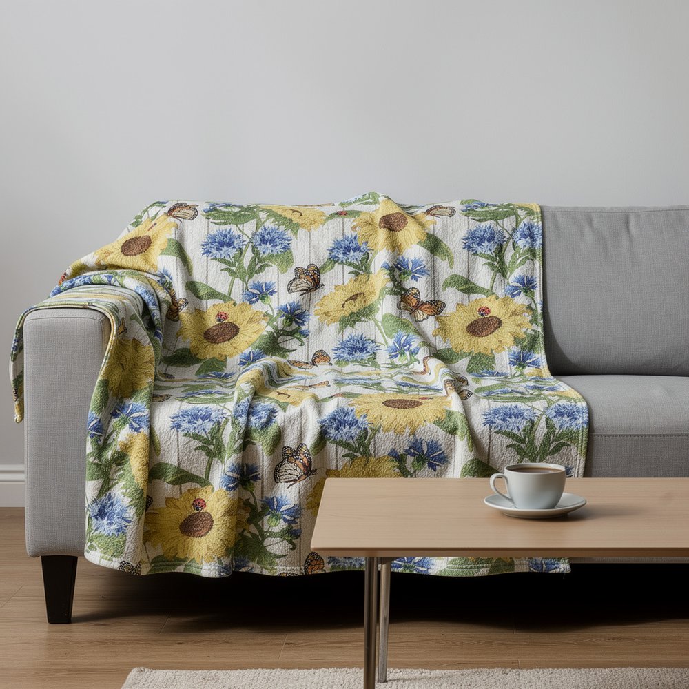 50" X 70" Ivory And Yellow Sunflower Floral Microfiber Plush Throw Blanket